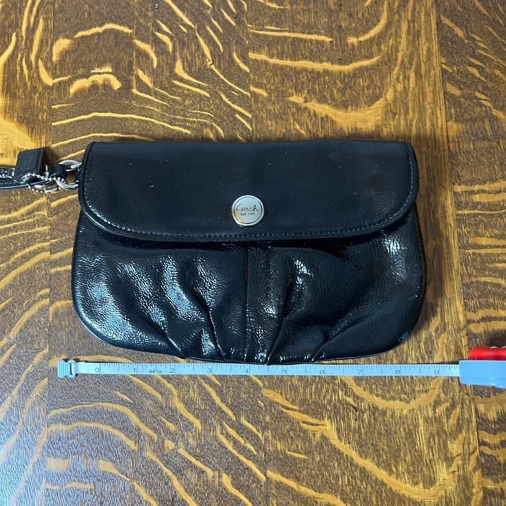 Coach Black Patent Leather Clutch Wristlet with Silver Accents